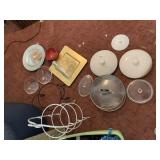 ASSORTED KITCHEN ITEMS, METAL STANDS, GLASS
