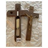 WOODEN CRUCIFIX, GOLD-TONE CORPUS, INRI PLAQUE,