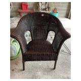 BROWN WICKER PATIO ARMCHAIR, W/ TUFTED SEAT