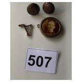 COPPER-TONE STUD EARRINGS, GOLD-TONE HARP CHARM,