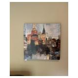 ABSTRACT CITYSCAPE CANVAS ART, SIGNED ILLEGIBLE,