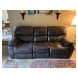 GREY LEATHER RECLINING SOFA, THREE SEAT CUSHIONS,