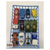 ASSORTED DIE-CAST TOY CARS W/ RACK, MATCHBOX, ETC.