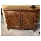 WOOD CABINET W/ CARVED FLORAL DETAILS, PARQUETRY