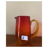 ART GLASS PITCHER, HAND-BLOWN, OMBRE RED ORANGE,