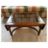 WOOD DROP LEAF COFFEE TABLE, GLASS TOP, TURNED
