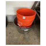 ORANGE PLASTIC BUCKET, GALVANIZED METAL TUB.