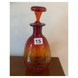 RED & ORANGE CRACKLE GLASS DECANTER W/ STOPPER,