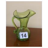 GREEN CRACKLE GLASS EWER, RUFFLED RIM, APPLIED