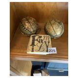 PAIR DECORATIVE ORNATE SPHERES, CERAMIC "FAMILY"