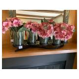 METAL CADDY W/ GLASS CYLINDER VASES, ARTIFICIAL