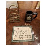 BRASS LETTER HOLDER, CERAMIC MUG, WOODEN