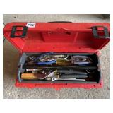RED PLASTIC TOOLBOX, ASSORTED HAND TOOLS.