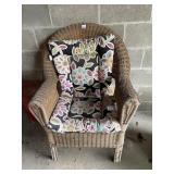 WICKER ARMCHAIR, FLORAL PADDED CUSHION.