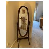 WOODEN CHEVAL MIRROR, OVAL FRAME, SWIVEL STAND.
