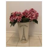 METAL FLORAL CONTAINER W/ FAUX PINK HYDRANGEAS,