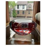 ART GLASS BOWL, RED SWIRL PATTERN, CLEAR GLASS.