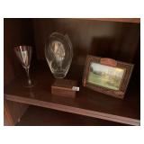 ROSE TINTED WINE GLASS, ART GLASS VASE, CARVED