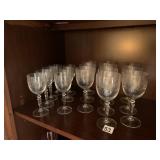 ETCHED GLASS WINE GLASSES, FLORAL PATTERN.
