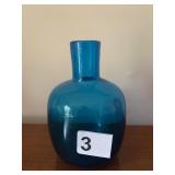 BLUE BLOWN GLASS VASE, ROUND BODY, NARROW NECK.