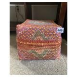 WOVEN BASKET, PAINTED PATTERN, RED AND ORANGE