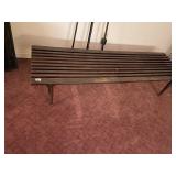 WOODEN SLATTED BENCH, METAL LEGS, DARK WOOD