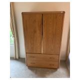OAK ARMOIRE W/ DOUBLE DOORS, 2-DRAWER BASE, BRASS