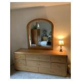 OAK DRESSER W/ ARCHED MIRROR, 9-DRAWER, BRASS