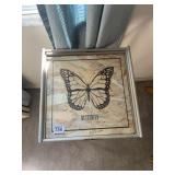 METAL SIDE TABLE W/ BUTTERFLY DECORATED WOOD TOP,