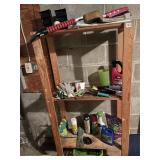 WOODEN SHELVING UNIT W/ ASSORTED HOUSEHOLD &