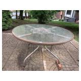 ROUND PATIO TABLE, GLASS TOP, METAL FRAME,