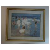 FRAMED ART PRINT - BEACH SCENE, SIGNED HALLOWELL.