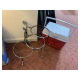 RUBBERMAID COOLER, METAL SCROLLED PLANT STAND.