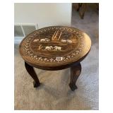 ROUND INLAID SIDE TABLE, ELEPHANT MARQUETRY TOP,