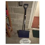 BLUE PLASTIC SNOW SHOVEL, DECORATIVE OVAL METAL