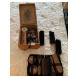 VTG WOODEN SHOE SHINE BOX, BRUSHES, POLISH,