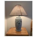 PALE BLUE CERAMIC TABLE LAMP, EMBOSSED FLORAL