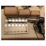 VANITY MIRROR, CONAIR HAIR DRYER, WOVEN LIDDED