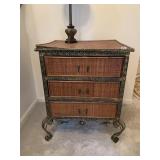 WOVEN WICKER 3-DRAWER CHEST, METAL SCROLLWORK