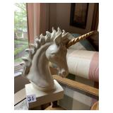 WHITE CERAMIC UNICORN HEAD SCULPTURE, GOLDEN