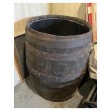 VTG WOODEN BARREL W/ METAL HOOPS, CHARRED