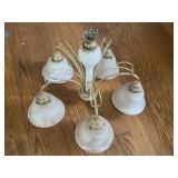 BRASS-TONE METAL CHANDELIER, FIVE ARMS, FROSTED