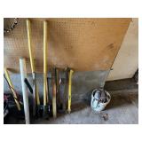 ASSORTED GARDEN TOOLS, INCLUDES POST HOLE DIGGER,