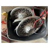 VINTAGE WIRE WHEEL COVERS (3) AND JUMPER CABLES,