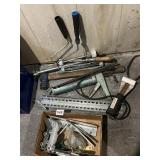 ASSORTED HAND TOOLS, PAINT ROLLERS, CAULK GUN,