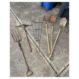 ASSORTED GARDEN TOOLS, SHOVELS, PITCHFORK,
