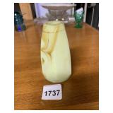 4"H URANIUM GLASS VASE, YELLOW & BROWN SWIRL, SLAG