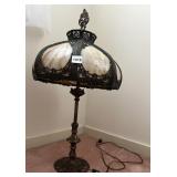 ORNATE TABLE LAMP, SLAG GLASS STYLE SHADE,