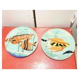 (2) VTG ART GLASS PLATES W/ HAND-PAINTED FISH