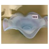 OPALESCENT BLUE GLASS COMPOTE, RUFFLED RIM,